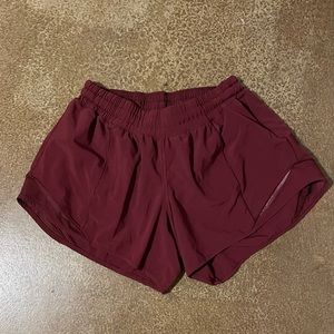 Maroon Lululemon Hotty Hot Shorts (low-rise 4”)